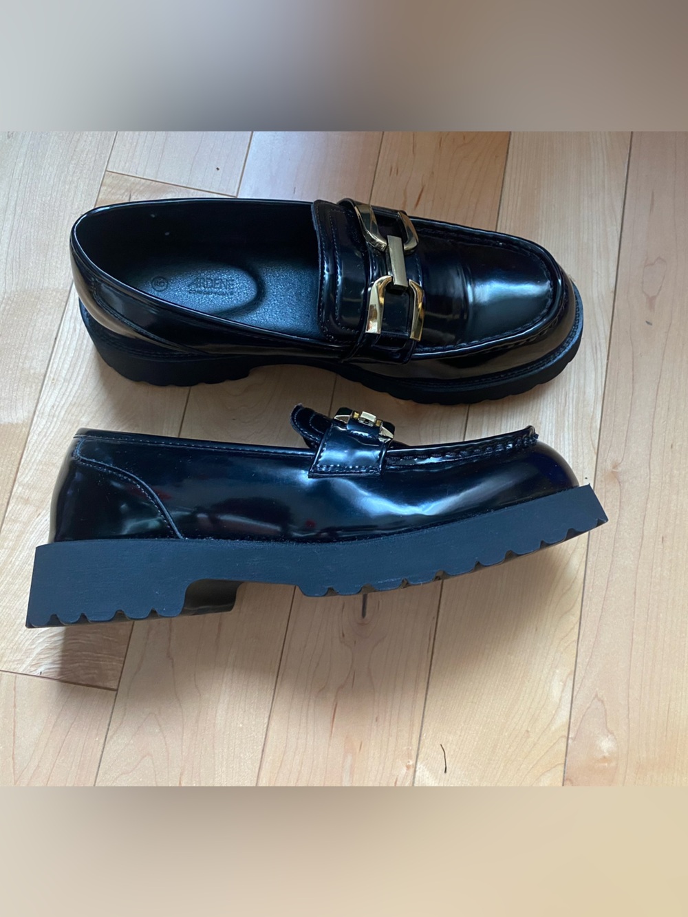 Black Loafers with Gold Chain Hardware
